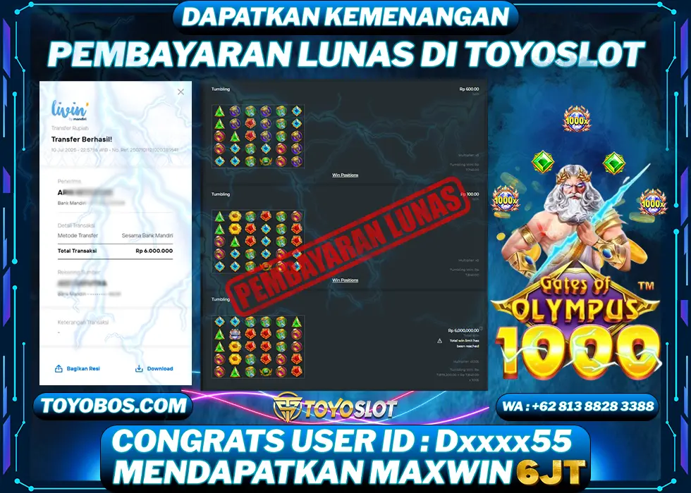 TOYOSLOT - BUKTI KEMENANGAN GATES OF OLYMPUS 1000 M*** Rp6,000,000,- LUNAS